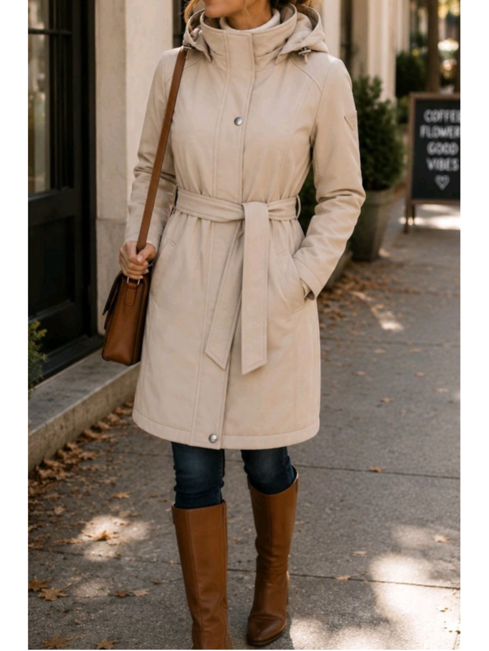 GUESS NWT Samantha Softshell Hooded Belted Coat Light Oak Beige Size M City $220
